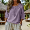 thumbnail image 6 of Vinsonshop Casual Linen Tops for Women Embroidered Linen Tops Lightweight Casual Blouse Blusas De Lino Para Mujer Puff 3/4 Sleeve Linen Shirts Linen Clothing Dark Purple M, 6 of 9