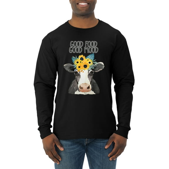 Wild Bobby, Good Food Good Mood Funny Cute Cow Animal Lover Mens Long Sleeve Shirt, Black, Small