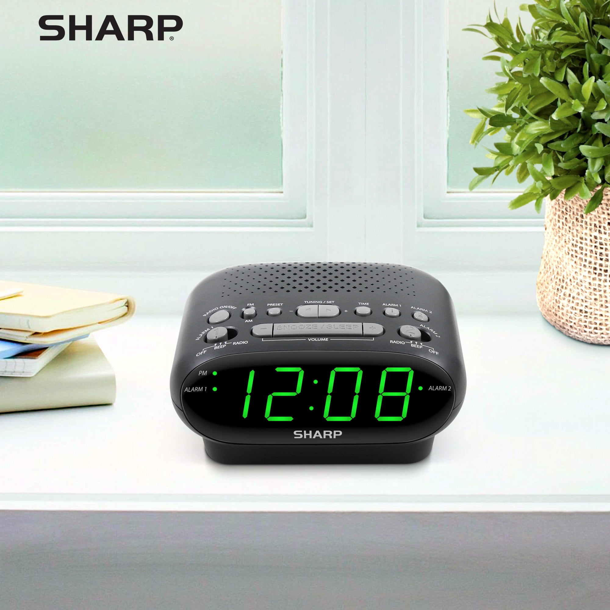SHARP AM/FM Clock Radio, Wake to Alarm or Radio, Dual Alarms, LED Green Display