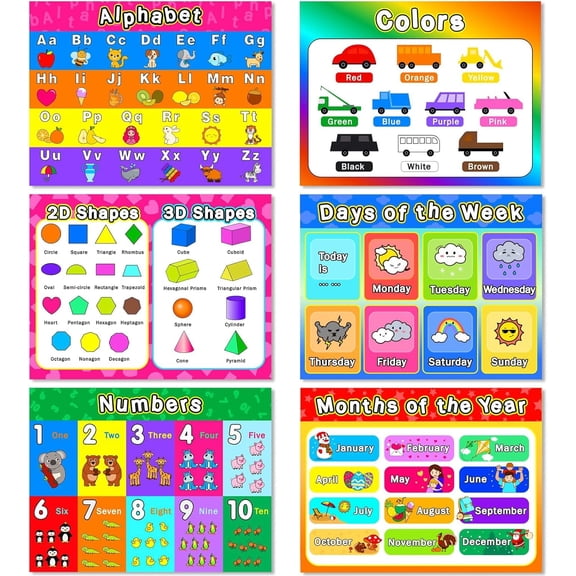 Educational Preschool Placemats for Kids Set of 6 Reusable Plastic Toddler Placemat Wipeable Washable Children Montessori Eat Table Mat for Nursery Homeschool Kindergarten Classroom Dining Table