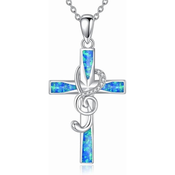 AOBOCO Blue Opal Cross Necklace for Women, 925 Sterling Silver Natural Diamond Music Note Pendant Necklace Music Jewelry Gift Anniversary Birthday for Mother Wife Singer 18 2”