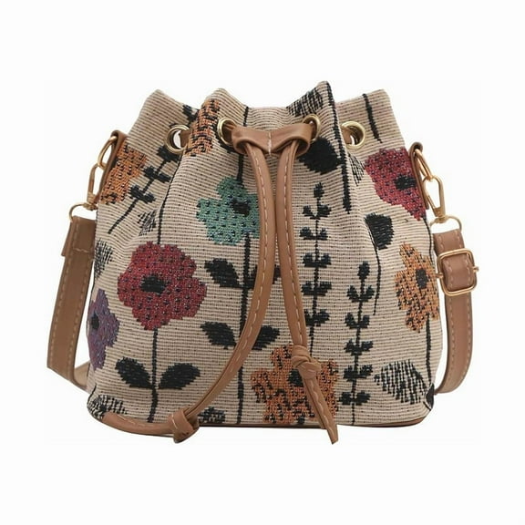 Cute Bucket Bags for Women, Kawaii Small Floral Tote Bag Flower Purse, Mini Embroidery Aesthetic Boho Bag Needlepoint Barrel Drawstring Purse