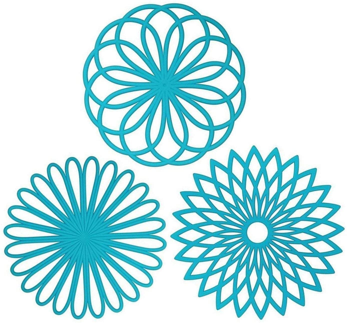 Light Blue 3 Set Silicone Trivet Mats With 1 Extra Large Included Intricately Carved Insulated Flexible Durable Non Slip Thick Round Premium Trivets for Hot pots and pans 
