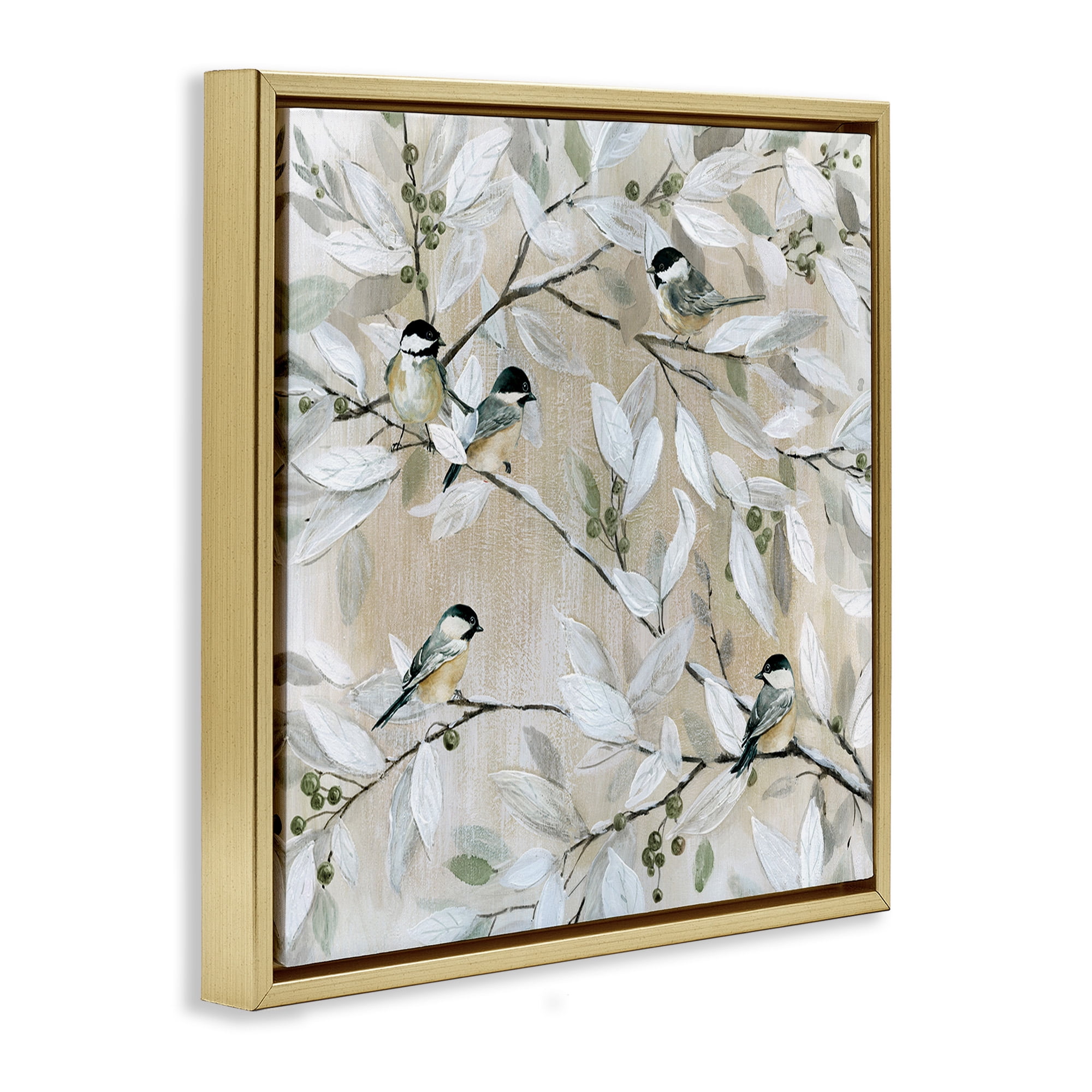 Stupell Industries Chickadee Birds on Branches Botanical & Floral Painting Gold Floater Framed Canvas Art Print Wall Art, 25 x 25