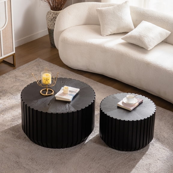 Noble House Bryan Fluted Round Coffee Tables, Solid Wood Accent Side Tables for Living Room, Balcony, Black, Set of 2
