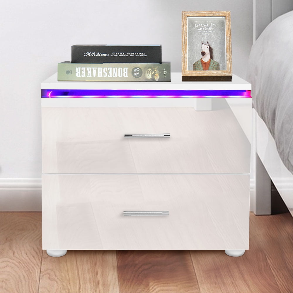 Hommpa Modern High Gloss 2 Drawers Nightstand for Bedroom White Bedside