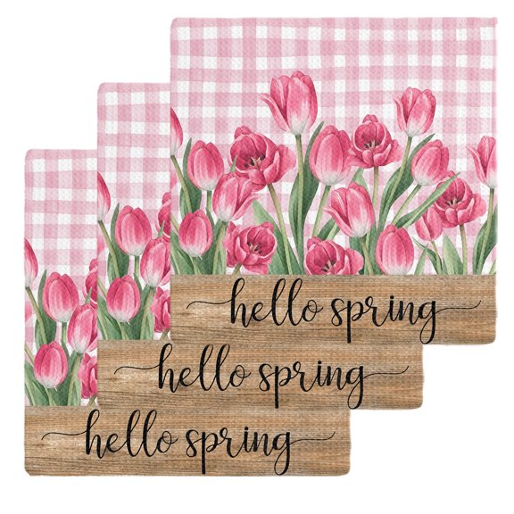 Hello Spring Kitchen Dish Towels for Drying Dishes Set of 3, Pink Tulip Flowers Farmhouse Buffalo Plaid Wooden Waffle Weave Microfiber Hand Tea Bathroom Towels Quick Dry & Absorbent Towel 12x12