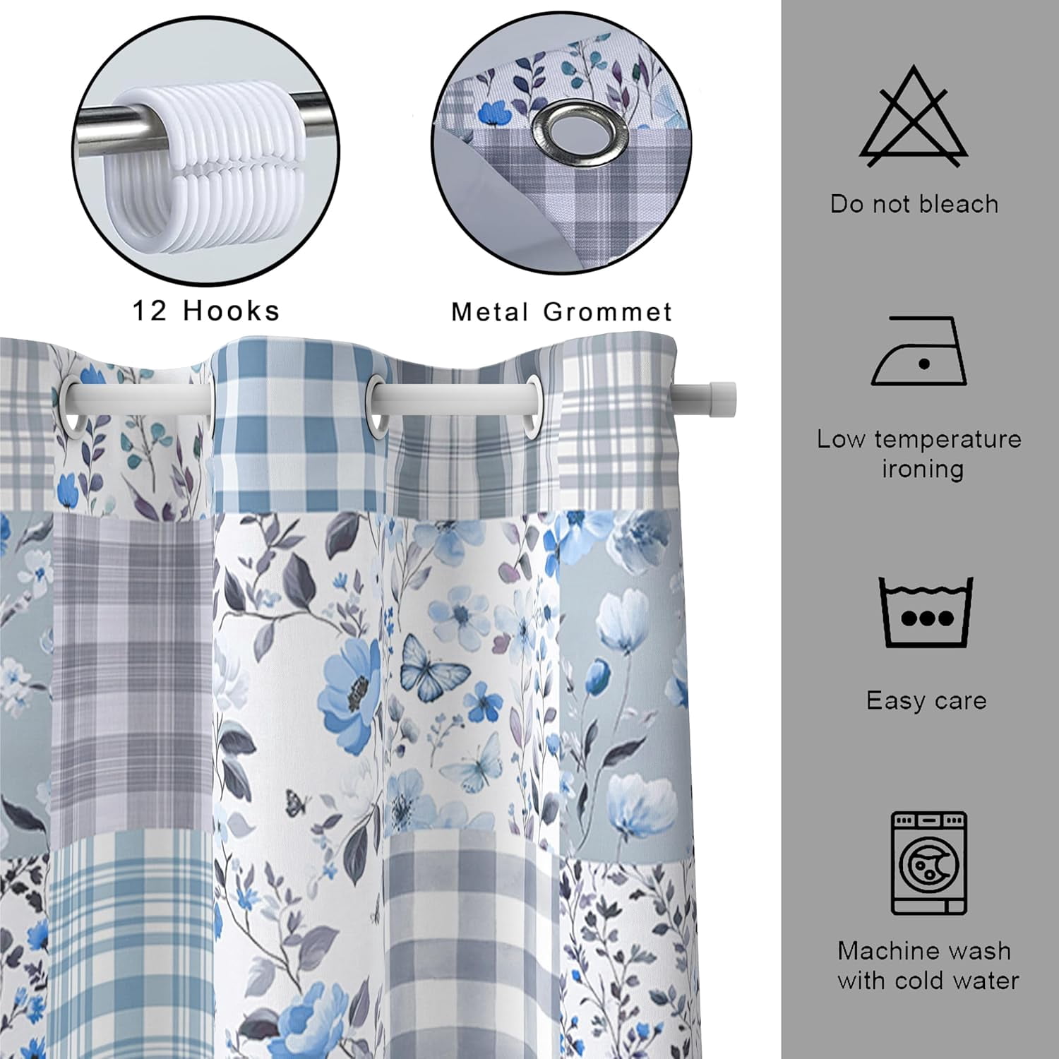 Cute Plaid Floral Shower Curtain, Boho Sage Green Flower Fabric Shower Curtains for Bathroom, Retro Pink Flower Checkered Patchwork Bath Curtain Set Washable Waterproof with 12Hooks 72X72IN