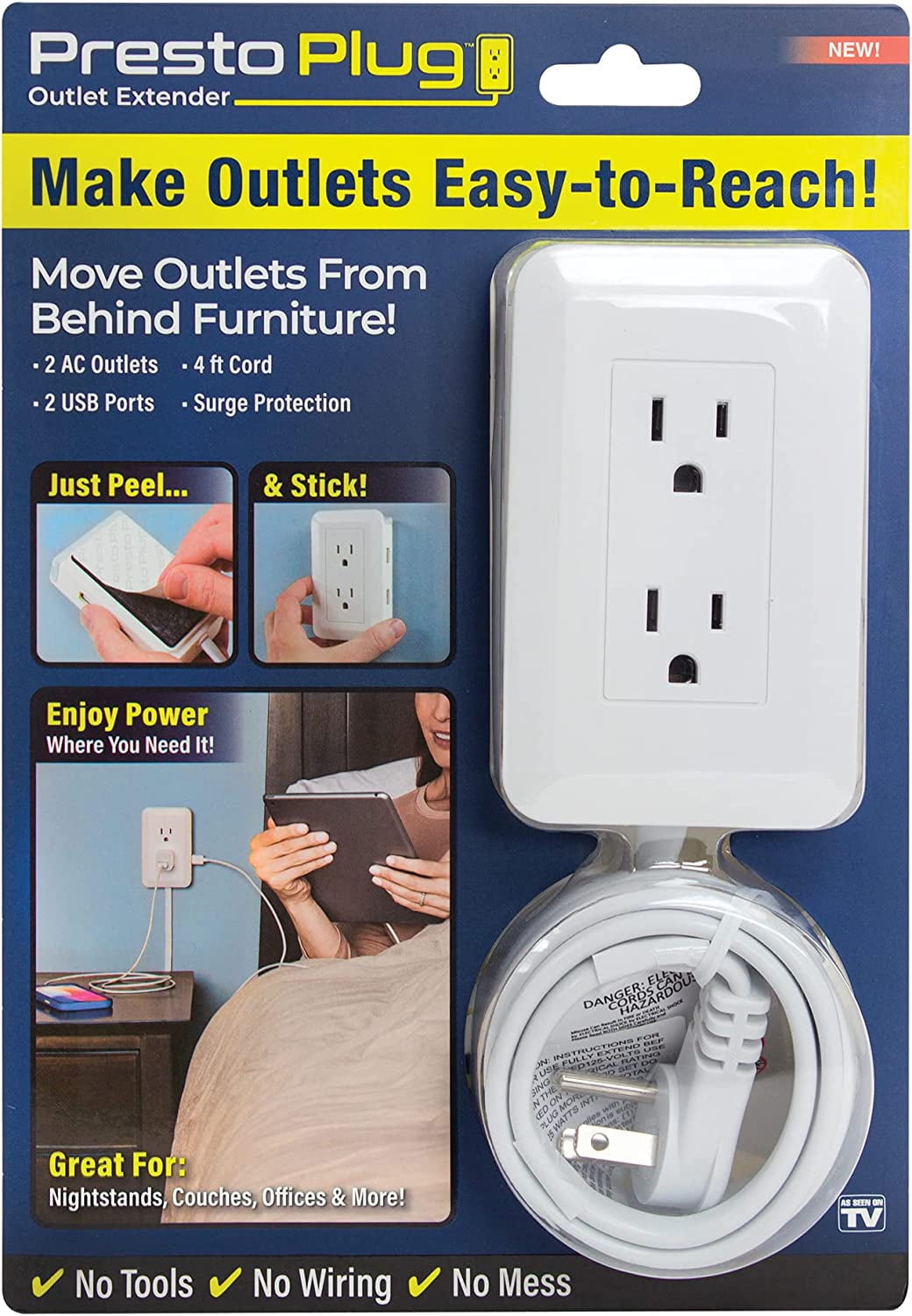 (2 pack) Presto Plug Outlet Extender for Relocating Unreachable Power Outlets, 4ft Cord, Sticks Easily on Wall, Provides Sur Protection, 2 AC Outlets, 2 USB Ports & Built-in Shelf