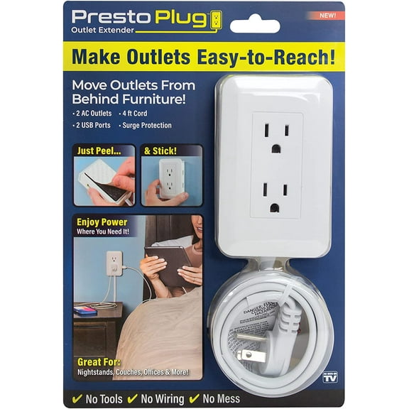 Presto Plug Outlet Extender for Relocating Unreachable Power Outlets, 4ft Cord, Sticks Easily on Wall, Provides Sur Protection, 2 AC Outlets, 2 USB Ports & Built-in Shelf