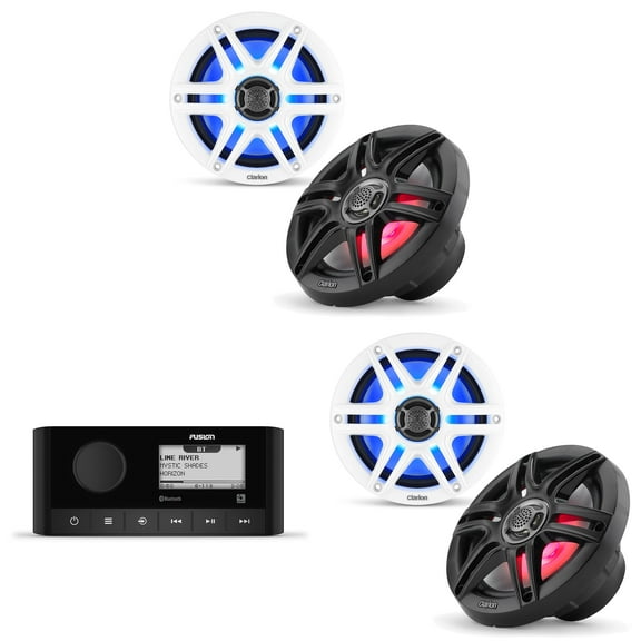 Fusion MS-RA60 Source Unit w/ ( 2 Pair ) Clarion CMS-651RGB-SWB RGB LED 6.5-inch Coaxial Marine ( Includes White & Black Sport Grilles)