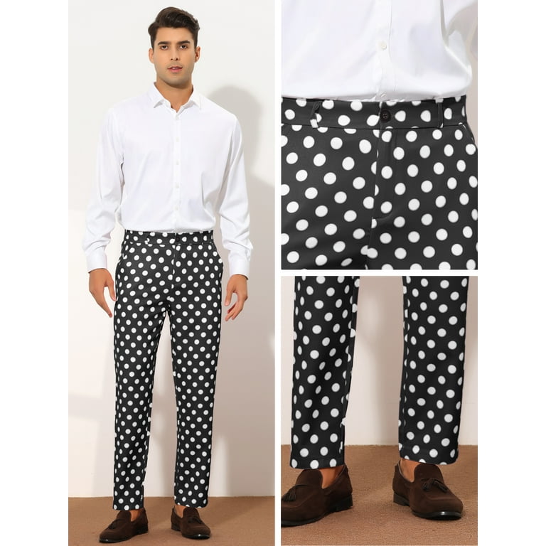 Unique Bargains Men s Polka Dots Dress Pants Regular Fit Flat Front Printed Trousers 34 Black