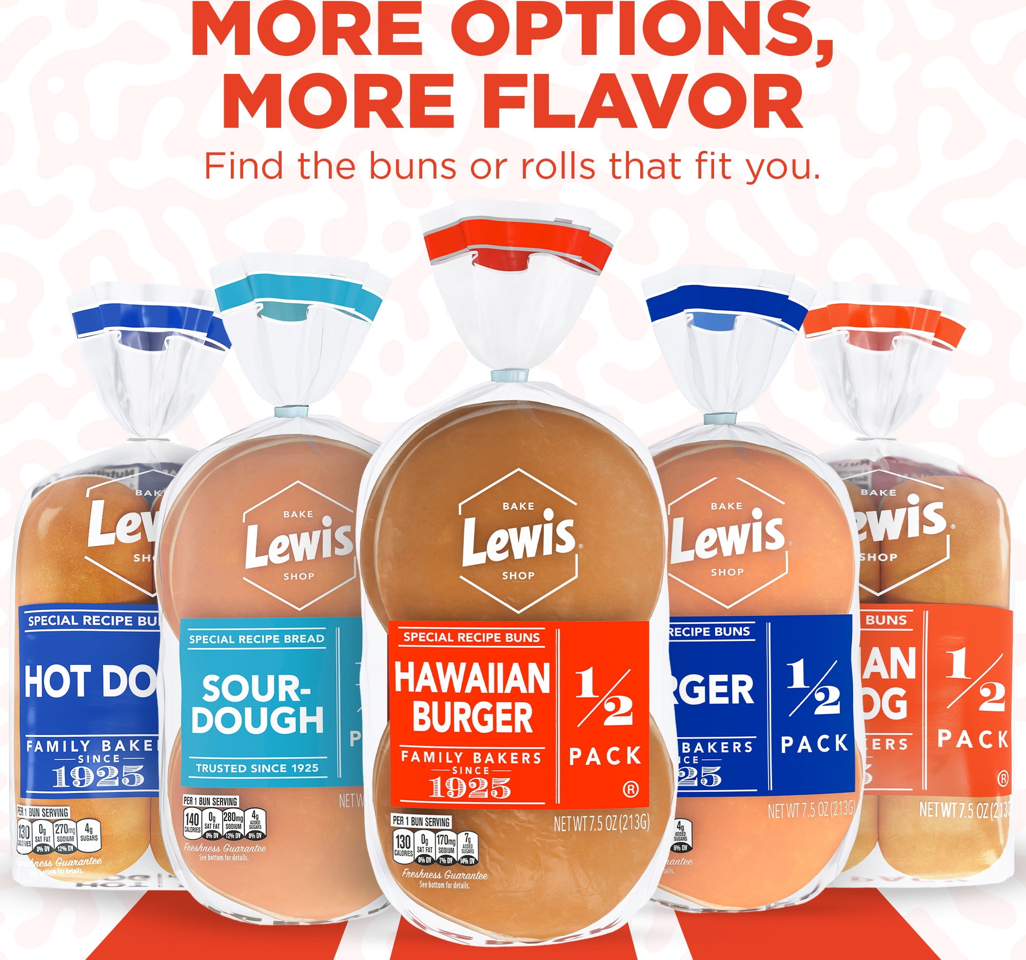 Lewis Bake Shop Hawaiian Half Pack Burger Buns, 7.5 oz, 4 Count