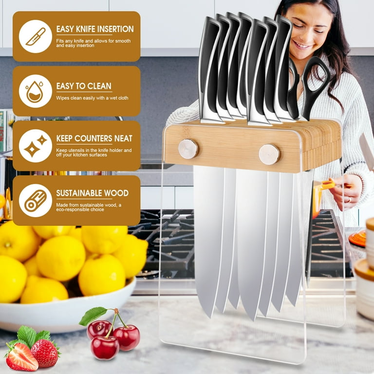 YEOPGYEON Kitchen Knife Holder Block without Knives with Acrylic Stand Wood  Universal Knife Block Wood Kitchen Knife Holder Storage for  Counter(11-Slot) 