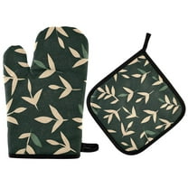 Yayeee Oven Mitts and Pot Holder Set of 4 Heat Resistant Kitchen Gloves Baking Hot Pad, Green Leaves