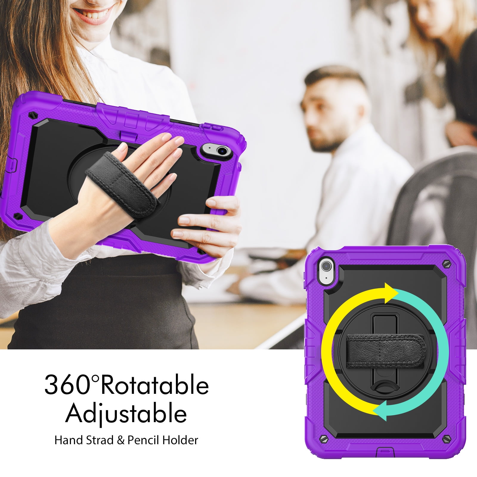 Mantto for iPad 10th Generation Case 10.9" 2022, Built in-Screen Protector with Pencil Holder/360 Rotation Stand-Shoulder Strap-Heavy Duty Shockproof Rugged Soft Silicone Protective Case, Purple