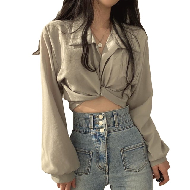 Camisa con nudo torcido, Top con lazo en la espalda, manga larga, blusa corta con parte delantera torcida para mujer, primavera