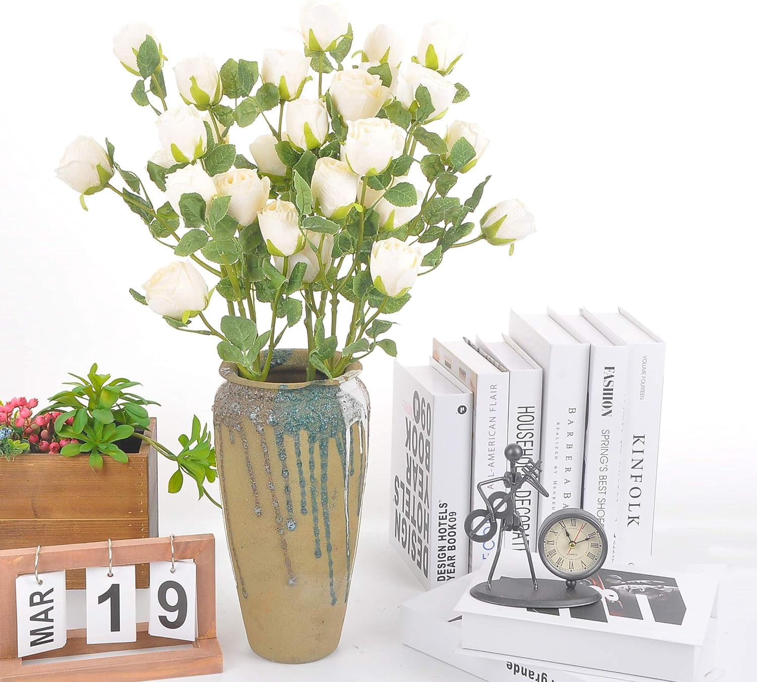 Dried Flower Artificial Rose 6pcs 24 Inch Long Stem Silk Rose with 5 Flowers for Wedding DIY Bridal Bouquet Home Decor Centerpiece Arrangement(White)