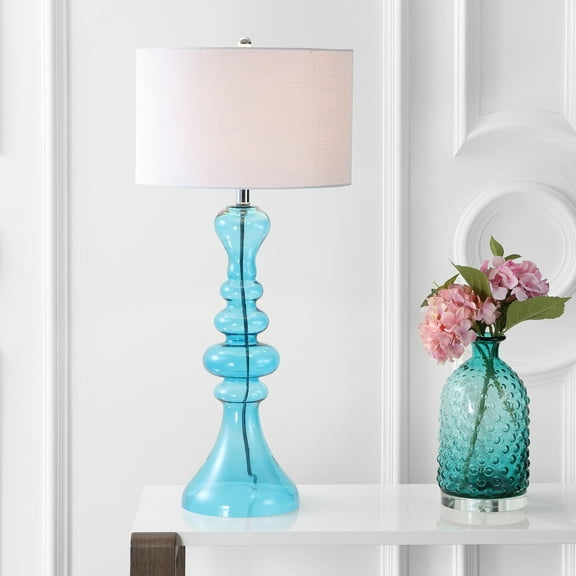 JONATHAN Y Madeline 35" Curved Glass LED Table Lamp, Aqua, JYL4012B