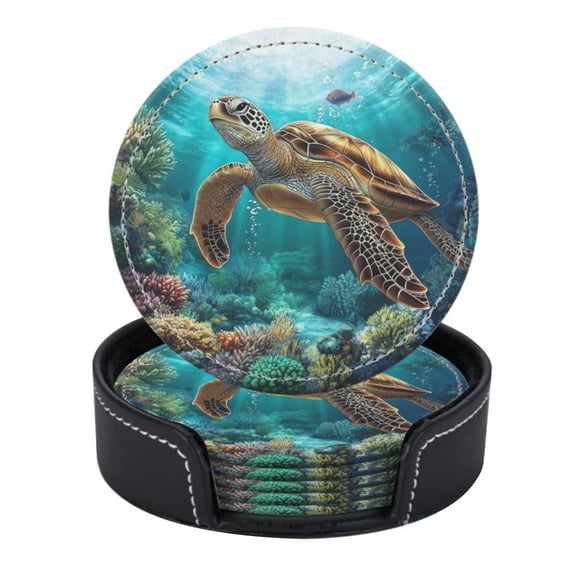 PU Leather Coasters for Drinks Bar Beer,Set of 6 with Holder,Round Housewarming Gift,Turtle In The Sea