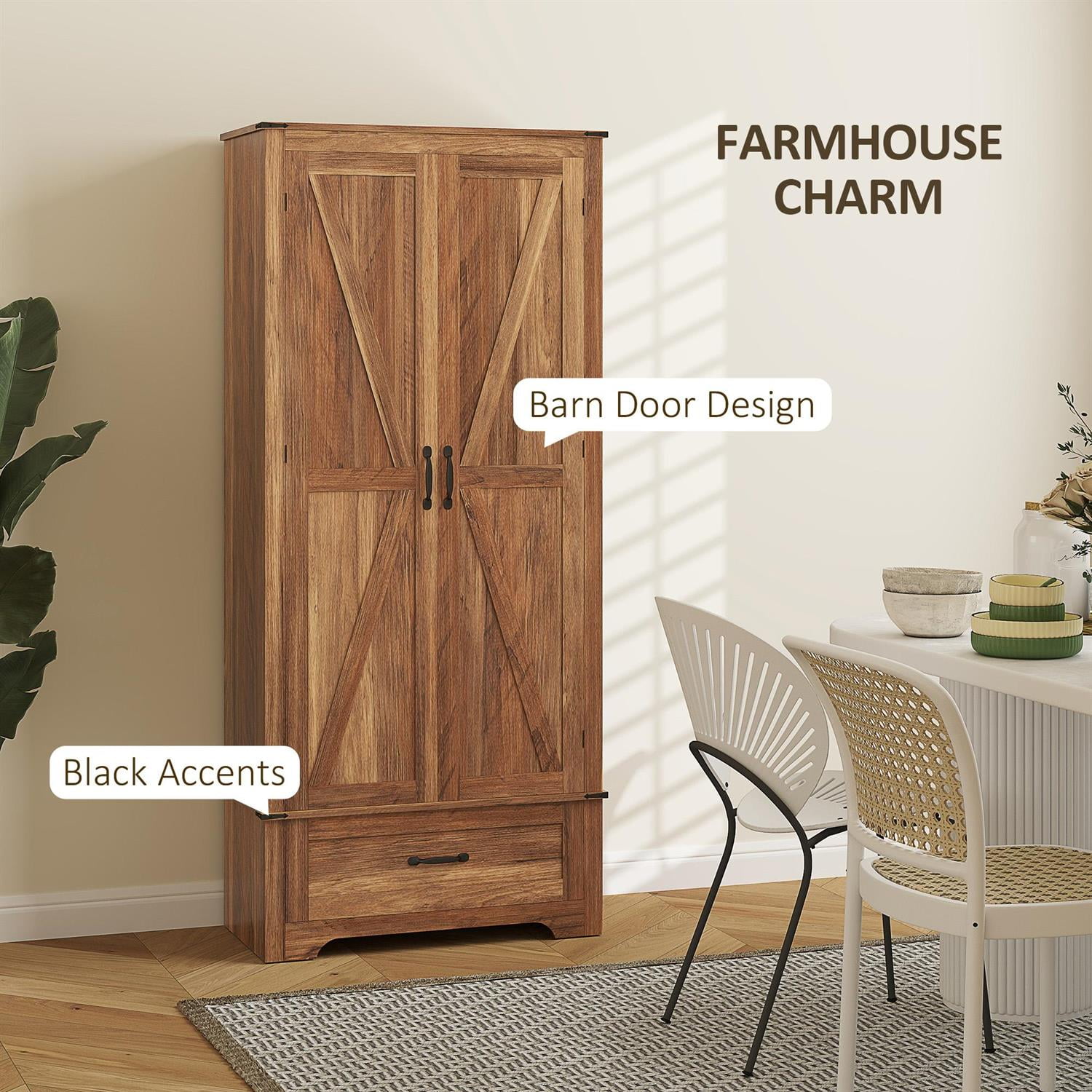 Demi Bonn 72" Farmhouse Pantry Cabinet with Adjustable Shelves, 2 Doors for Home Office, Kitchen, Living Room, Brown