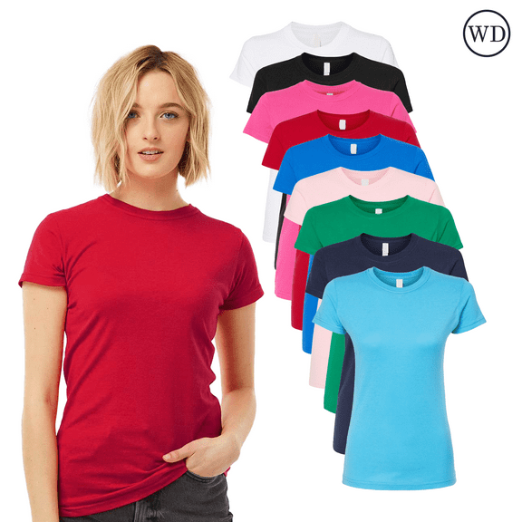 Tultex Women's T-Shirt, Slim Fit Pre-Shrunk Ring-Spun-Cotton Fine Jersey, Multicolor, 9 Pack, XS