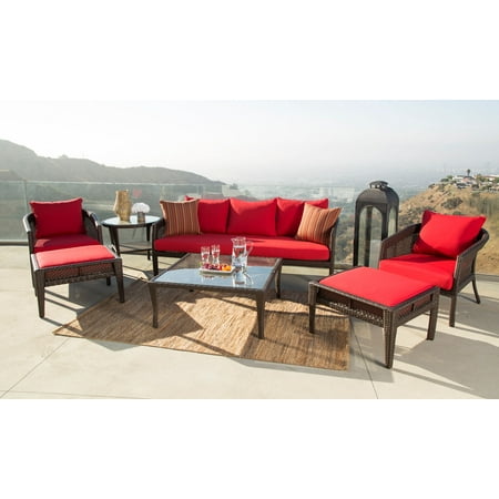Devon & Claire Mykonos Sunbrella Red Outdoor Wicker Patio Seating Set, 7 Piece