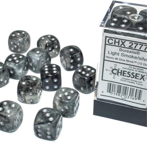 Chessex Manufacturing 16 mm D6 Cube Borealis Luminary Dice Light Smoke with Silver Pips - Pack of 12