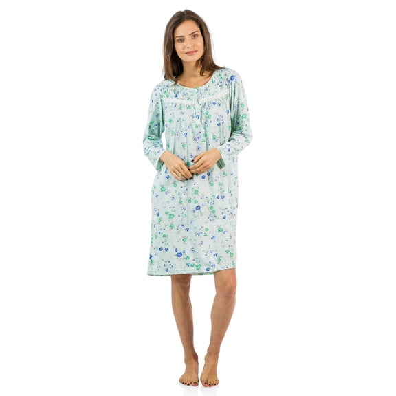 Casual Nights Women's Long Sleeve Henley Nightgown, Lightweight Cotton Blend Knit House Dress, 5 Button Front Closure & Polka Dot Print, Green 4X