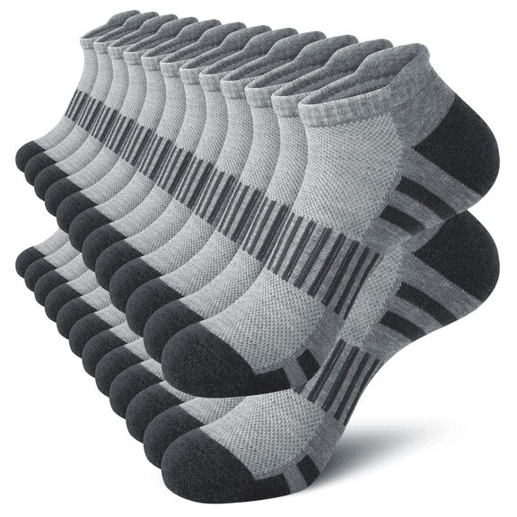 Loritta 12-Pack Ankle Socks for Men, Cushioned Moisture-Wicking Arch Support Athletic Mens Socks Size 10-13, Gray