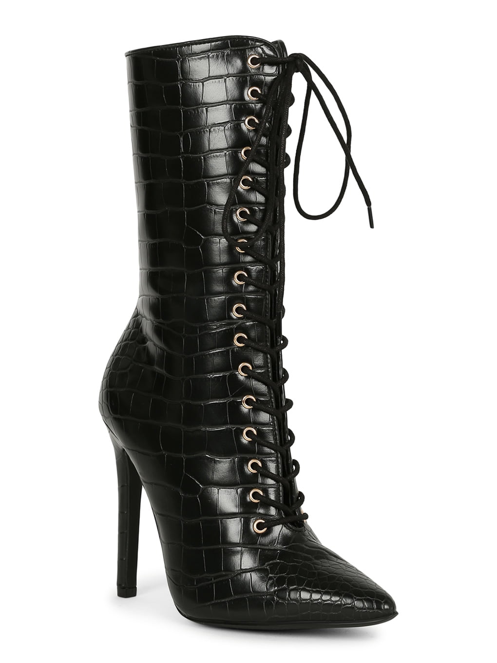 Women Pointed Toe Lace Up Mid Calf Heel 