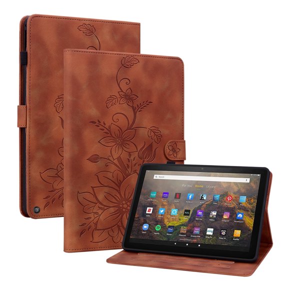 XYX for Kindle Fire HD 8 (12th Generation, 2022 Release) Case, PU Leather Slim Folio with Multi-Angle Stand - Brown Lily Flower