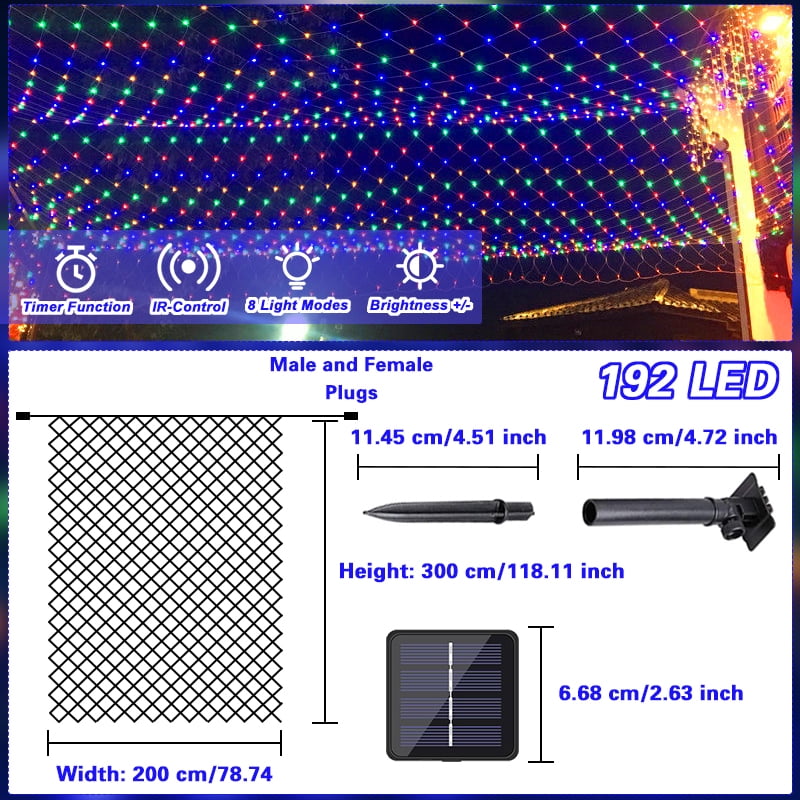 Solar Net Mesh Light 9.8ft x 6.6ft 192 LED, Waterproof Outdoor Net Light with 8 Modes for Bush, Christmas, Home, Garden Decorations(Multicolor)