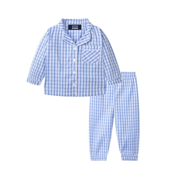 LittleSpring Boys Cotton Pajamas Set Button Down Blue Plaid Pjs for Kids Sleepwear Long Sleeve Soft Comfy Toddler 2T