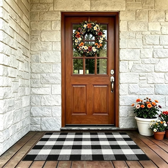 Buffalo Plaid Outdoor Rug 27.5x43 Black and White Front Door Mat, Layering Rug for Porch, Washable Doormat, Cotton Area Rug for Outdoor Entrance Entryway Patio Porch Decor