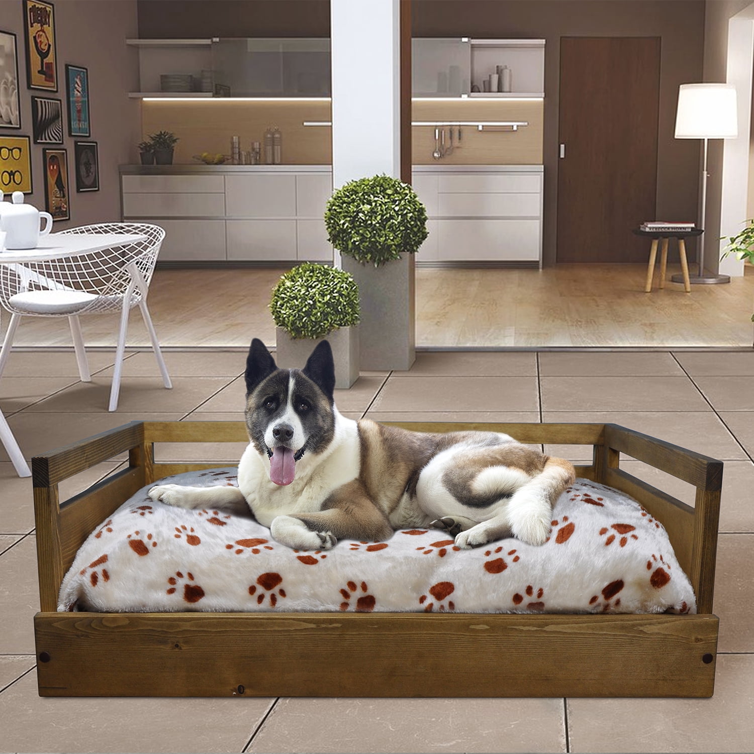Iconic Pet Sassy Paws Wooden Pet Bed with Paw Printed Comfy Cushion for Dogs & Cats - Rustic Brown - Small