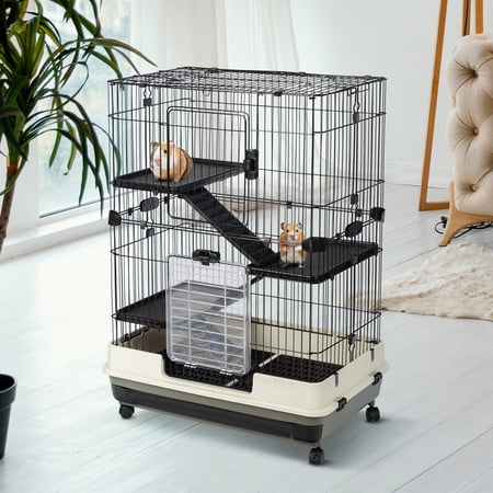 4-Tier 32"Small Animal Metal Cage Height Adjustable with Lockable Casters Grilles Pull-out Tray for Rabbit Chinchilla Ferret Bunny Guinea Pig Squirrel Hedgehog(BLACK)