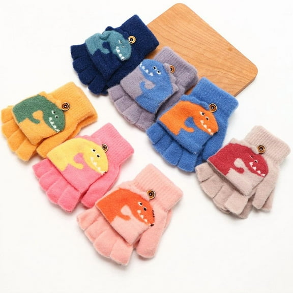 Toddler Kids Convertible Flip Top Gloves Dinosaur Knitted Gloves Cartoon Stretchy Fingerless Winter Gloves for Boys Girls 5-10 Year