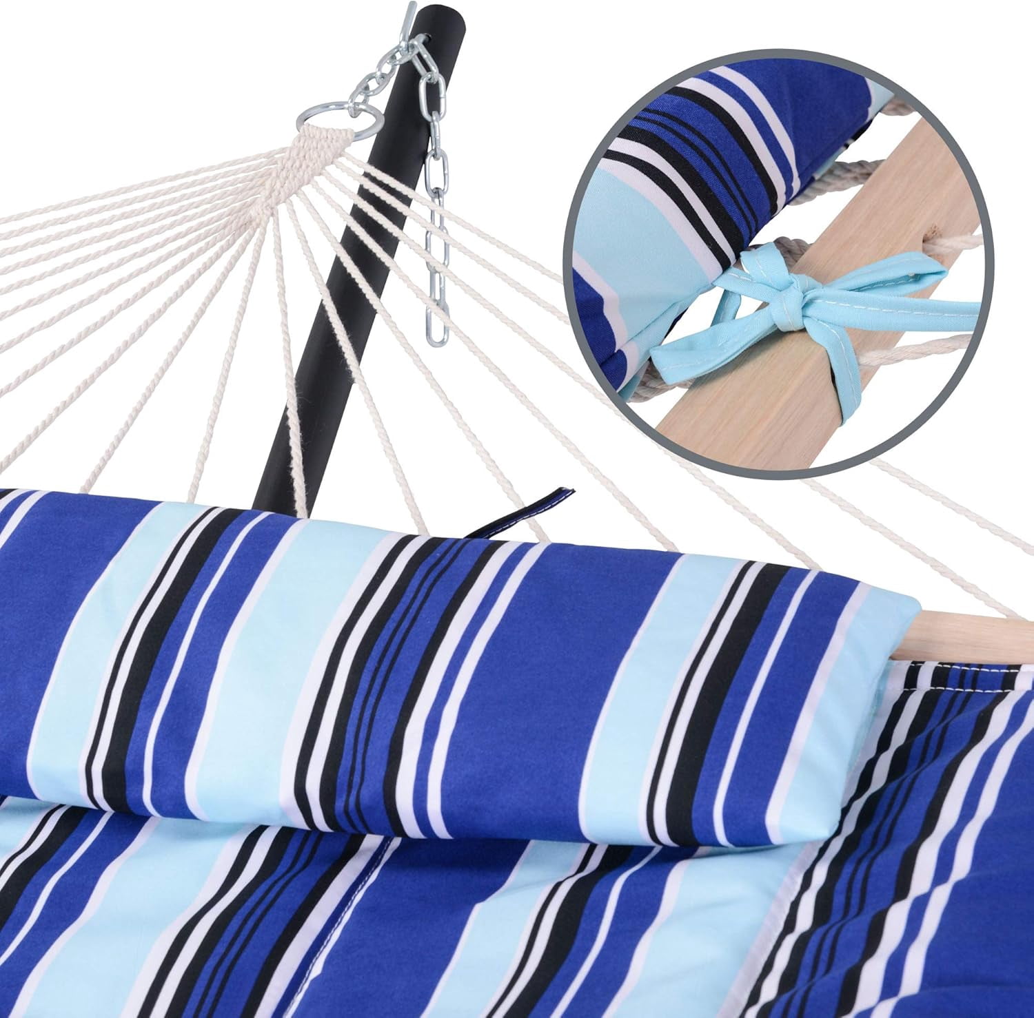SUNCREAT Outdoor Two Person Hammock with Steel Stand Heavy Duty for Camping, Max 475lbs Capacity, 76"L x 52"W, Blue Stripe
