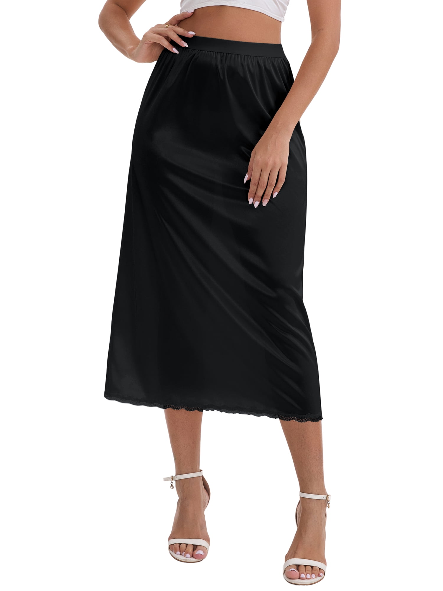DARING DIVA Women's Satin Lace Trim Flared Hem Lightweight Maxi Half Slip M Black