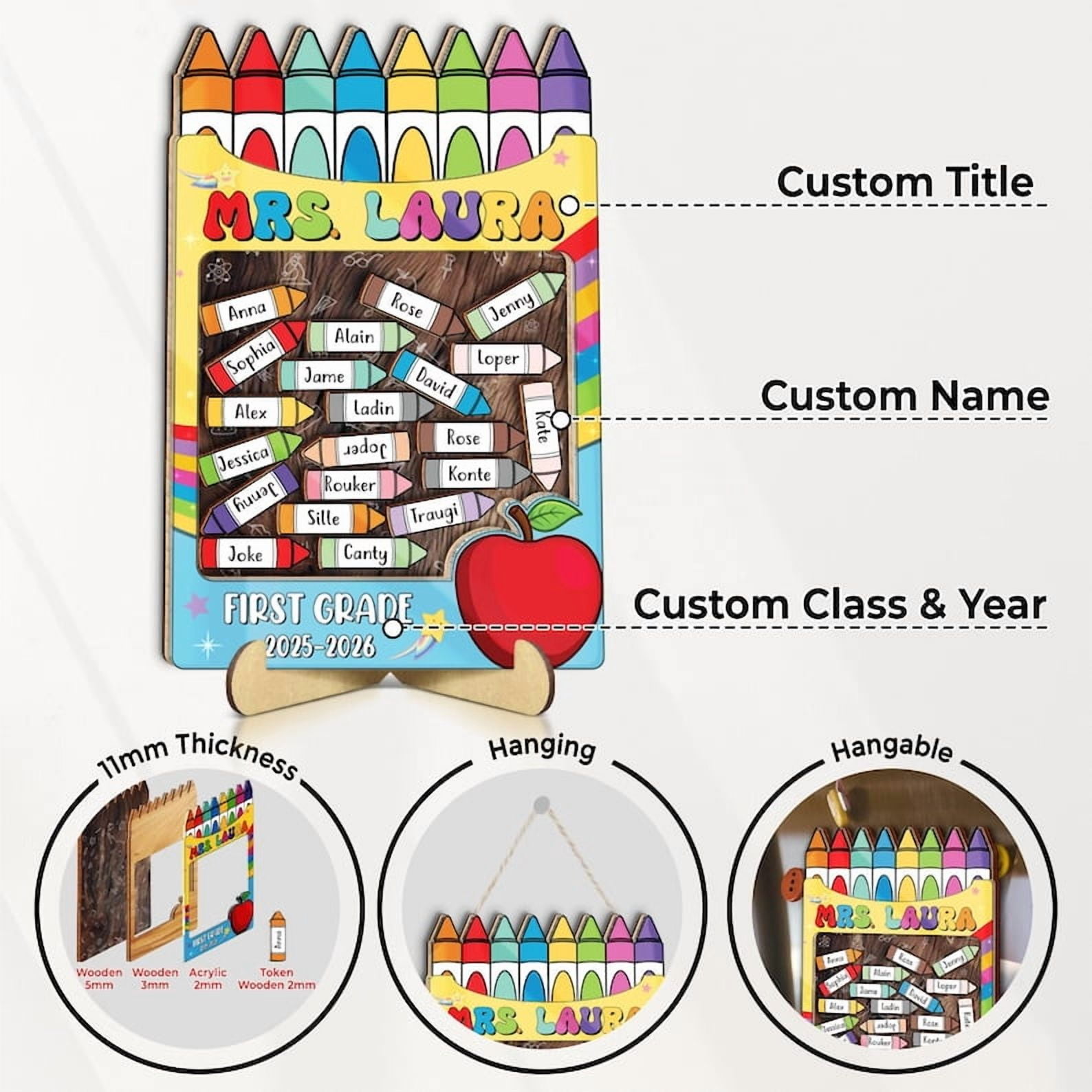 Personalized Teacher Magnet – End of Year Teacher Gift, Teacher Appreciation Crayon Shaker Magnet with Kids' Names, Classroom Decor