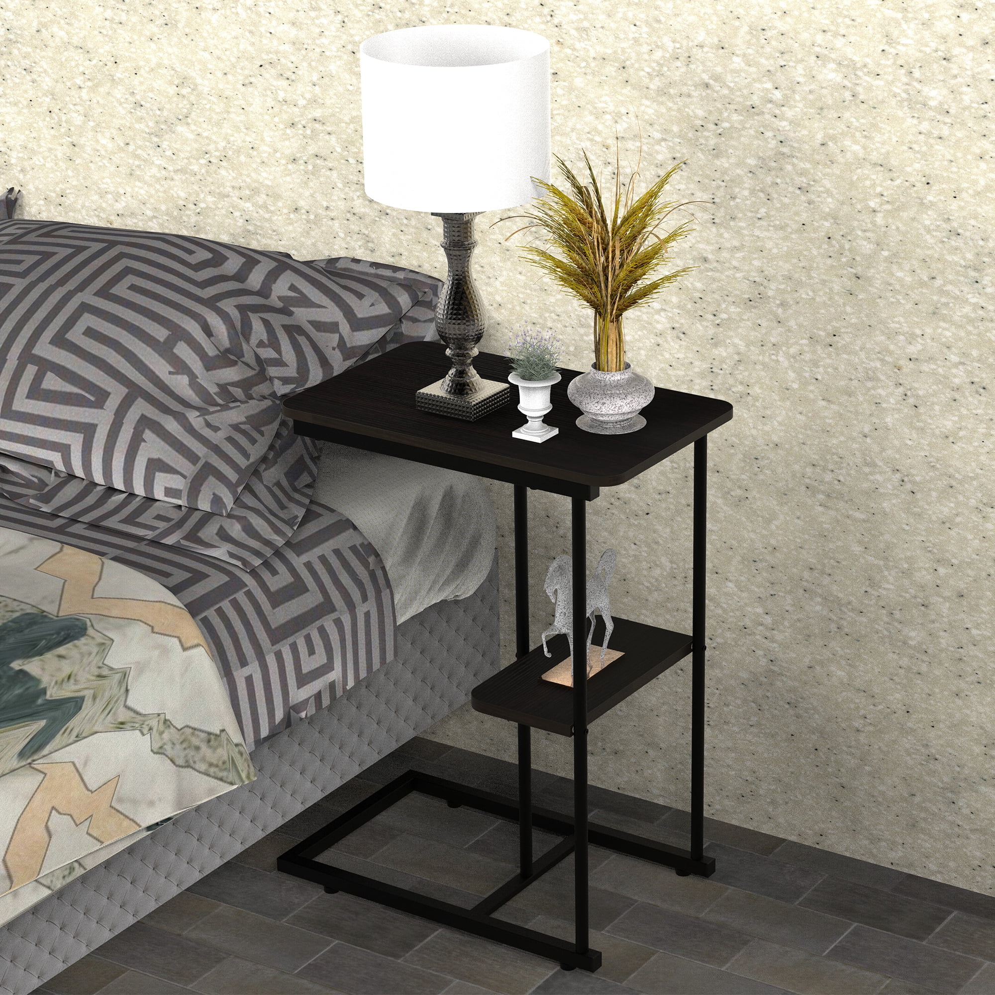 C Side Table, Natural Bed Sofa Snack End Table with Storage Basket, Portablle Laptop Holder Snack Table,Sofa Side Table, Wood Look Accent Table