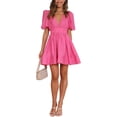 thumbnail image 2 of Biekopu Women Summer Casual A-line Dress,Solid Color Deep V-Neck Short Puff Sleeve Mini Party Short Dress, 2 of 5