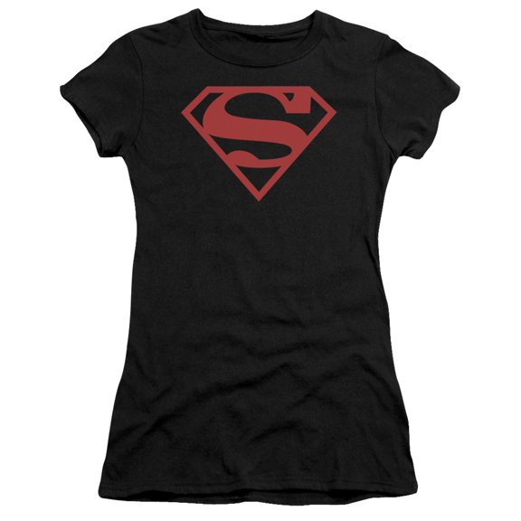 Superman - Red On Black Shield - Juniors Teen Girls Cap Sleeve Shirt - Small