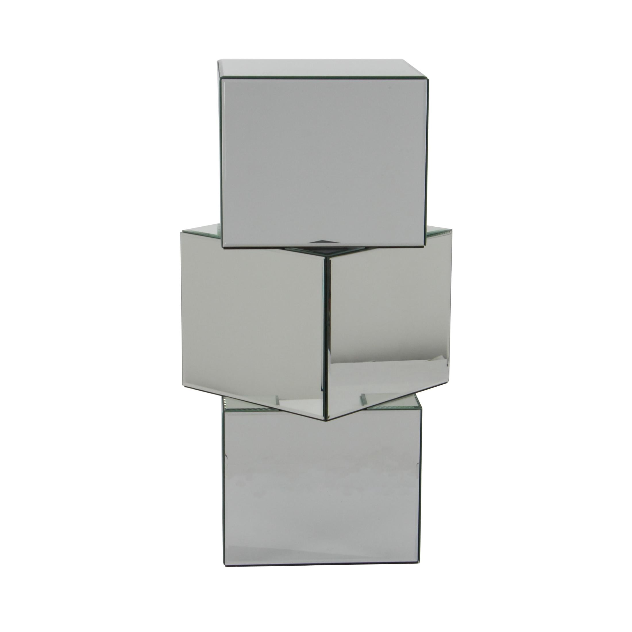 DecMode 15" x 30" Silver Glass Mirrored Stacked Cube Pedestal Table with Glass Front Panels, 1-Piece