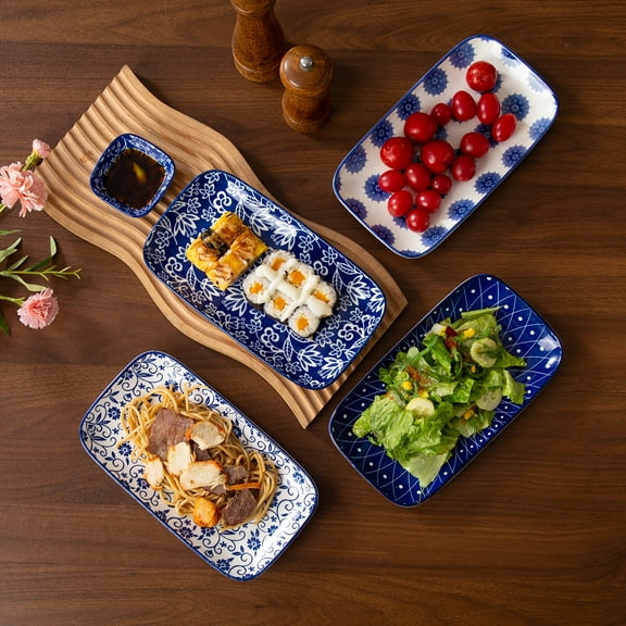 4-Piece 9.5-Inch Rectangular Ceramic Plate Set - Large Serving Platters for Pasta, Sushi, Charcuterie - Dishwasher Safe - Blue & White - Perfect for Gifting