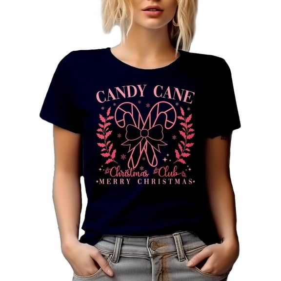 Novelty Crewneck T-Shirt, Candy Cane Christmas Club, Merry Christmas, Pink Xmas Art