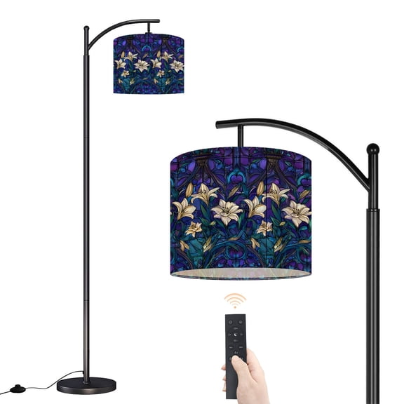 Arc Floor Lamp with Adjustable Lampshade White Lilies Art Nouveau Stained Glass Design Blue Purple Standing Lamp 3 Color Temperatures Dimmable Tall Pole Lamp with Foot Switch for Bedroom