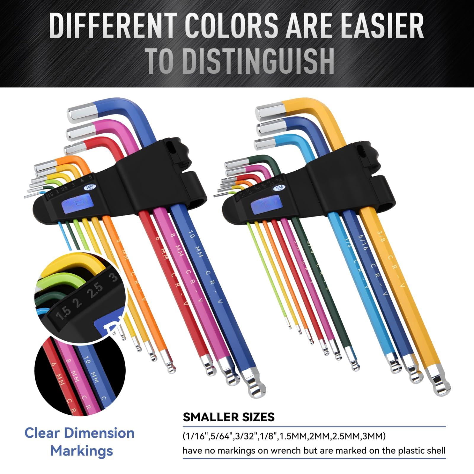Hex Key Set  18 Metric & Sae Size Extra Long Arm Allen Wrench With Ball End Color Coding Design 1.5-10 Mm 1/16-3/8 Inch For Bicycle Household Diy Chrome Vanadium Steel
