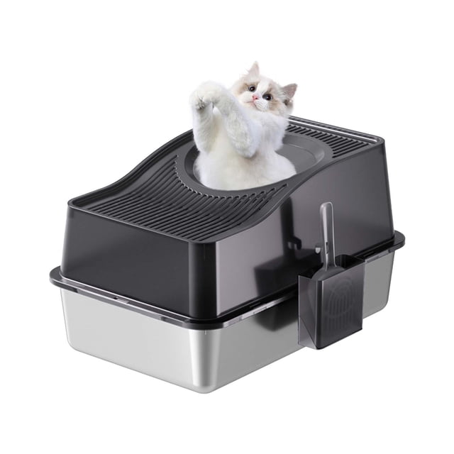 Bac à Litière pour Chat, Toilette pour Chat en Acier Inoxydable à Entrée par le Haut Fermée, Bac à Litière pour Chat avec Couvercle, Grande Litière pour Chat Fermée avec Pelle et Tapis, Non Collante